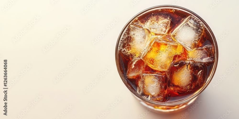 Refreshing beverage with ice cubes on a smooth surface in bright lighting Refreshing beverage with ice cubes on a smooth surface in bright lighting
