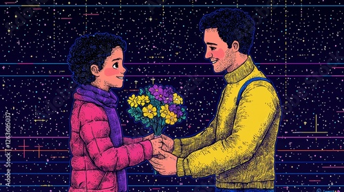 Child Giving Flowers Retro-futuristic illustration with vibrant neon accents.