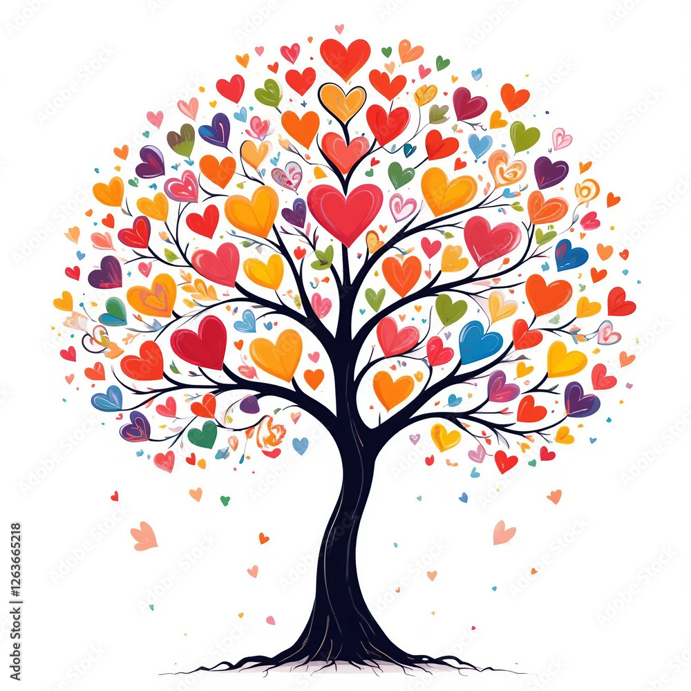 Obraz premium Watercolor illustration of love tree. Fantastic drawing of love tree with heart-shaped foliage.