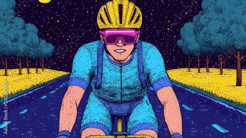 Man Cycling Retro-futuristic illustration with vibrant neon accents.