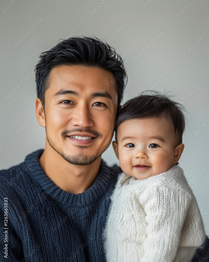 Portrait of smiling asian father holds his happy baby in cozy knitwear during joyful indoor moment against white wall background Portrait of smiling asian father holds his happy baby in cozy knitwear during joyful indoor moment against white wall background