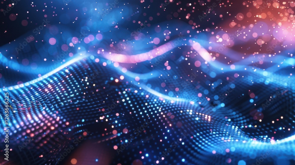 Obraz premium Flowing particle wave, abstract tech design, hi-tech big data background for business cards, banners, and brochures