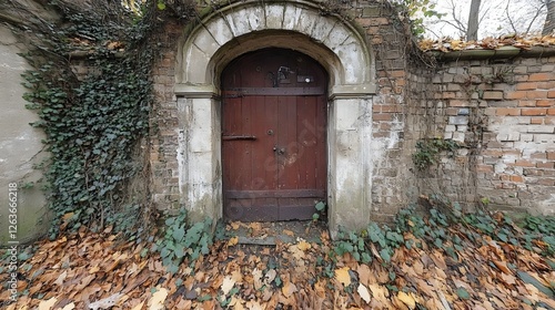 A red door with a rusty lock sits in front of a brick wall