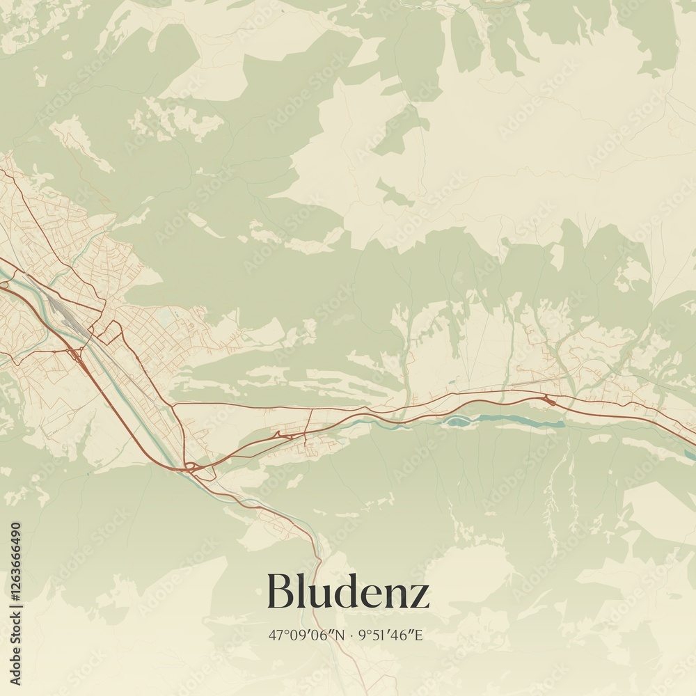 Vintage map of Bludenz, Austria.
