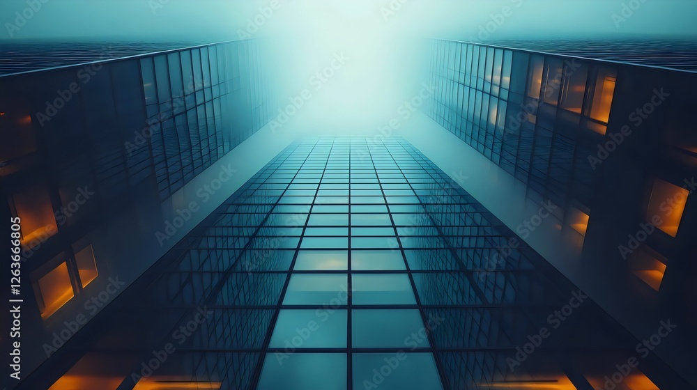 Obraz premium A city skyline with tall buildings and a foggy sky