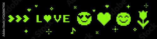 Set of pixel art heart, flower icon, smile face, text Love. Game abstract elements. Geometric love pattern. Trendy Y2k retro sticker. Playful pixel shapes. Mood of 90's aesthetics. Black background