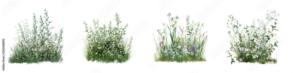 Fototapeta premium Set of Lush Wild Grass and Flowers Isolated on Transparent Background