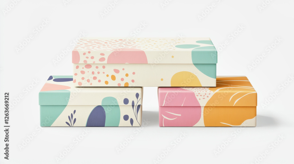 Modern rectangular packaging boxes mockup set with geometric patterns on white background Modern rectangular packaging boxes mockup set with geometric patterns on white background