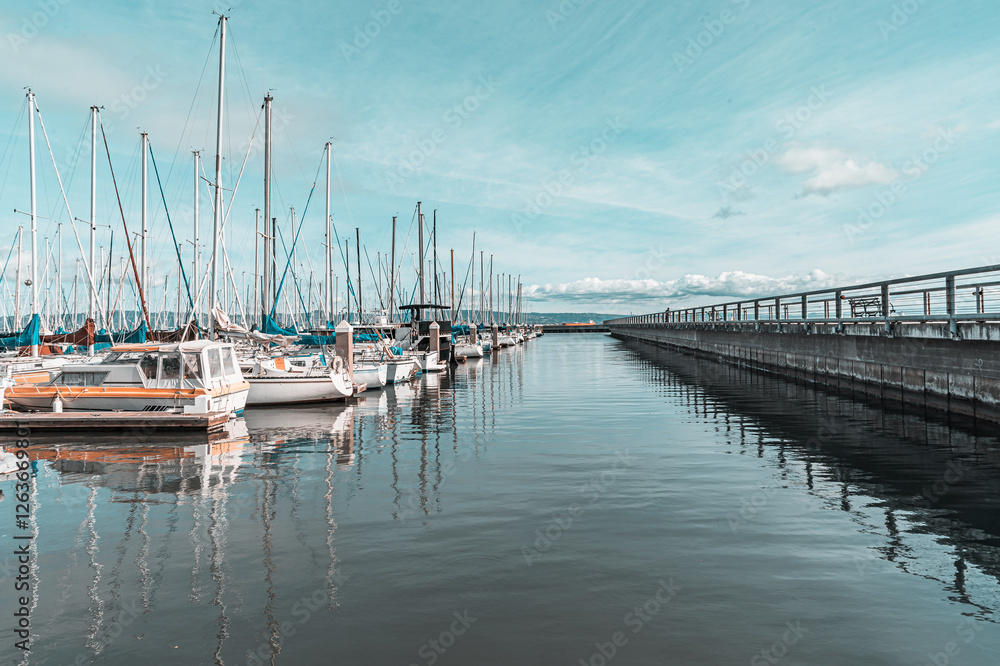 Obraz premium A row of boats are docked in a marina