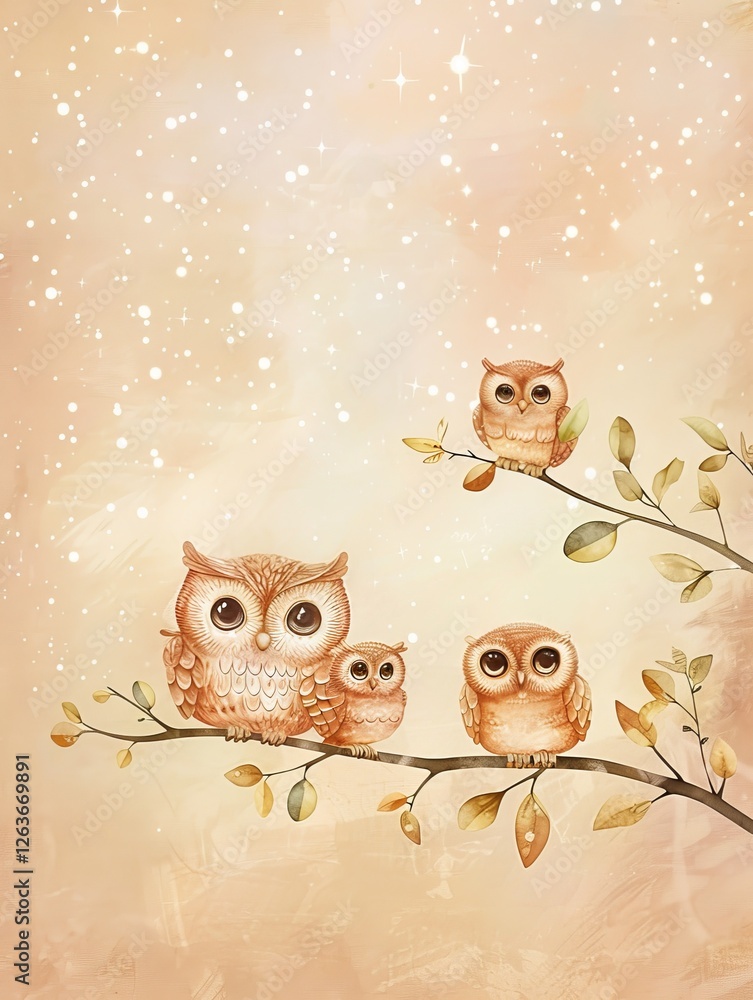 Fototapeta premium A family of owls on a tree branch, childlike sketch style, bright warm colors, soft starry sky background, 