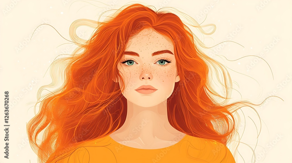 Portrait of a young woman with long, flowing ginger hair and freckles, wearing a mustard yellow top. Portrait of a young woman with long, flowing ginger hair and freckles, wearing a mustard yellow top.