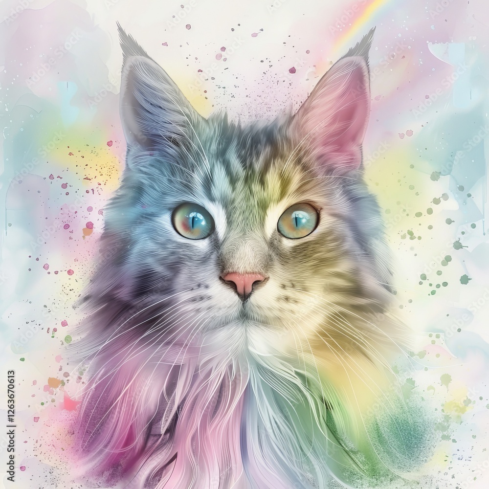 Fototapeta A unicorn-cat hybrid with rainbow fur, starry eyes, childlike soft pastel doodles, playful whimsical background, 