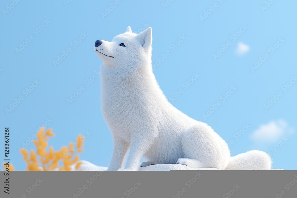 A realistic white fox sitting on a snowy mound under a clear blue sky, with a few clouds and a hint of autumn foliage in the foreground. A realistic white fox sitting on a snowy mound under a clear blue sky, with a few clouds and a hint of autumn foliage in the foreground.