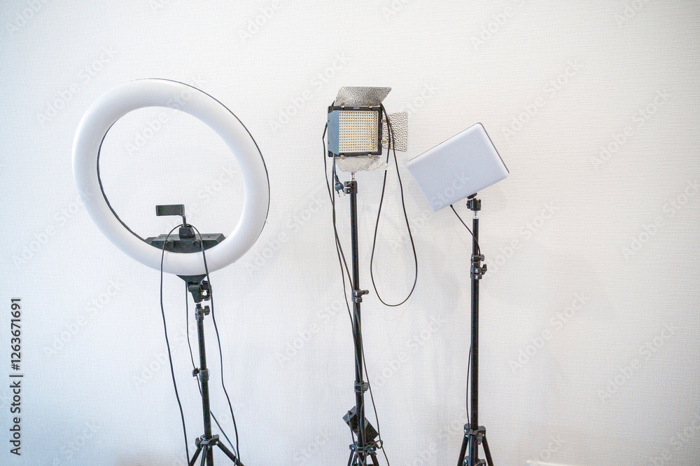 professional light sources against a white wall. professional light sources against a white wall.