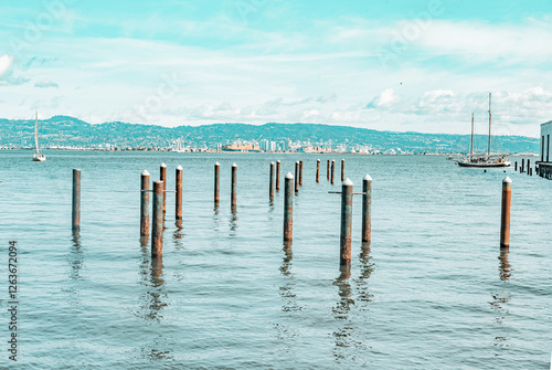 A body of water with a pier in the middle photo