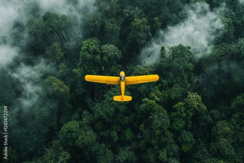 Bright yellow plane above lush green forest. Neural network AI generated photo