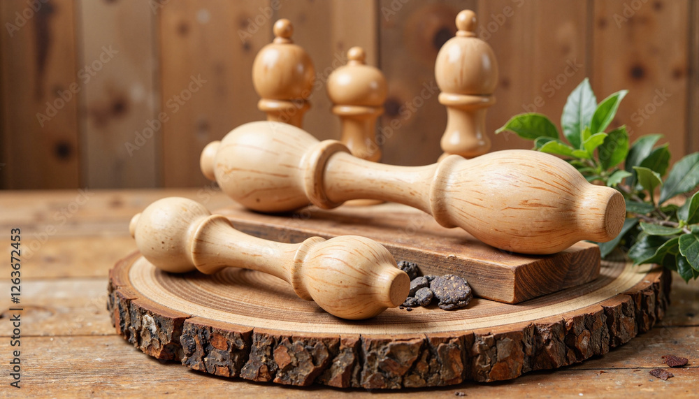 Natural hickory wood handles arranged on rustic wooden display, craftsmanship Natural hickory wood handles arranged on rustic wooden display, craftsmanship