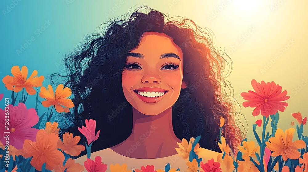 Happy woman with curly hair smiling amidst colorful flowers under sunny sky. Happy woman with curly hair smiling amidst colorful flowers under sunny sky.