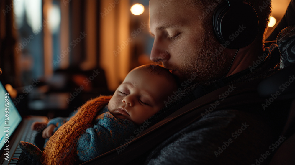 Fototapeta premium A father rocking his infant to sleep in a baby carrier while attending a virtual meeting, his headset on and laptop open
