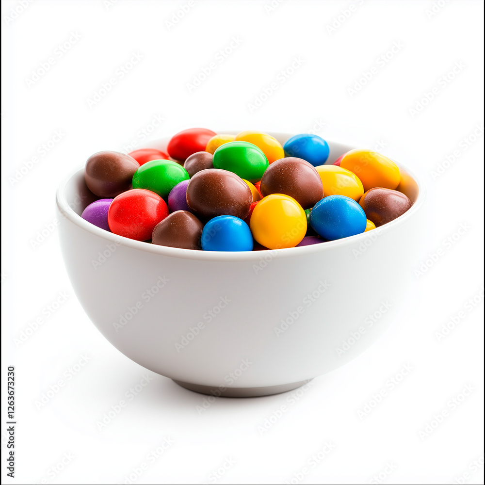 Colorful candy coated chocolates in white bowl, creating joyful snack moment. Candy brings playful touch with vivid hues and sweet flavors, offering perfect bite-sized indulgence.