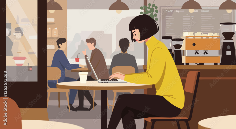Woman working at local cafe with laptop. Minimalist flat design illustration Woman working at local cafe with laptop. Minimalist flat design illustration