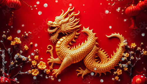 Wallpaper Mural A detailed golden dragon decoration on a red background with glowing lanterns, flowers, and snowfall creating a festive atmosphere Torontodigital.ca