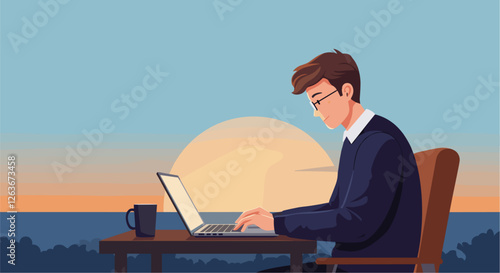 Businessman working on laptop at late hours with sunset view behind. Minimalist flat design