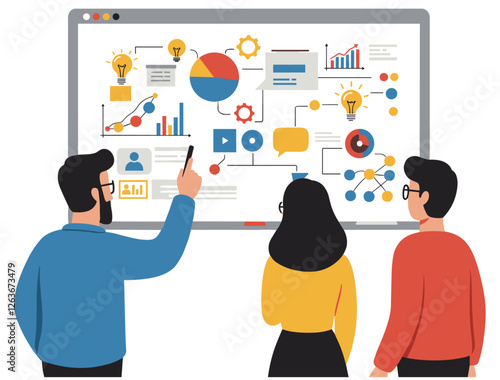 Workmates working on digital whiteboard for checking statistic and data. Minimalist flat design illustration
