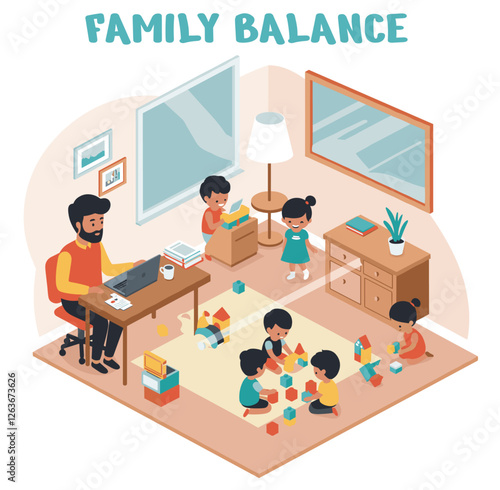 Family balance with Indian dad working at home and taking care of his children. Minimalist flat design illustration