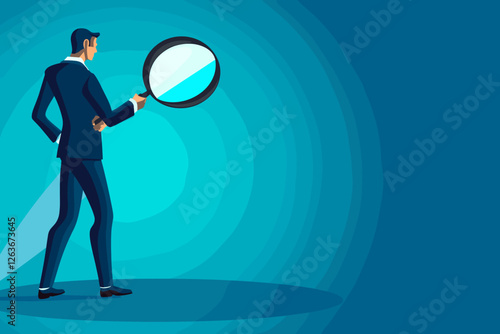 Businessman Searches for New Opportunities and Innovative Solutions with Magnifying Glass