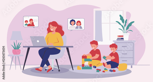 Minimalist flat design of mom working on laptop at home and her children playing. Family balance concept. Minimalist flat design illustration
