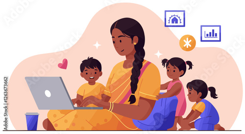 Indian mother working with laptop at home while taking care of her children