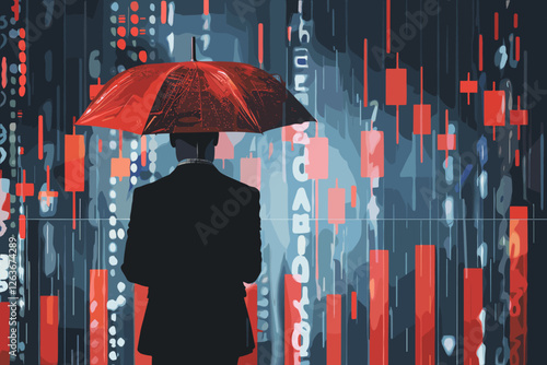 Businessman Shielding Stock Market from Economic Downturn with Umbrella