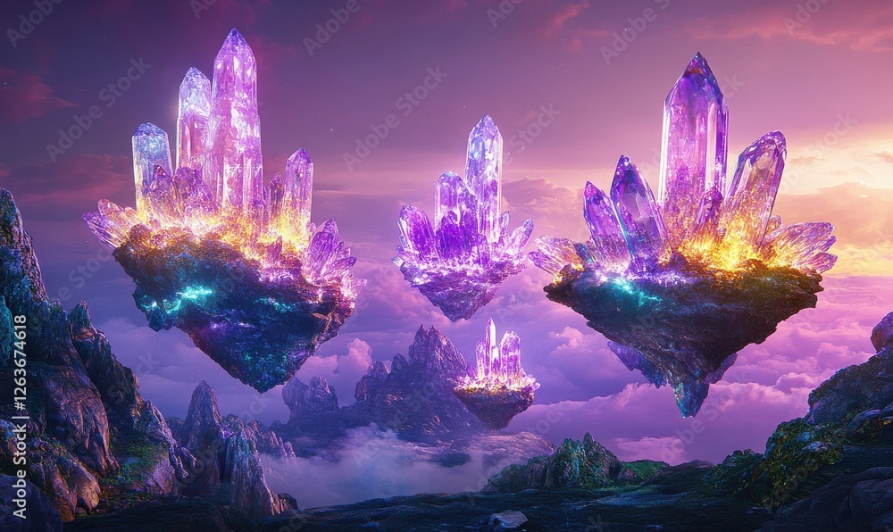 Envision a surreal landscape with vibrant floating islands crafted from luminous, jewel-toned crystals, captured from a unique tilted perspective Envision a surreal landscape with vibrant floating islands crafted from luminous, jewel-toned crystals, captured from a unique tilted perspective