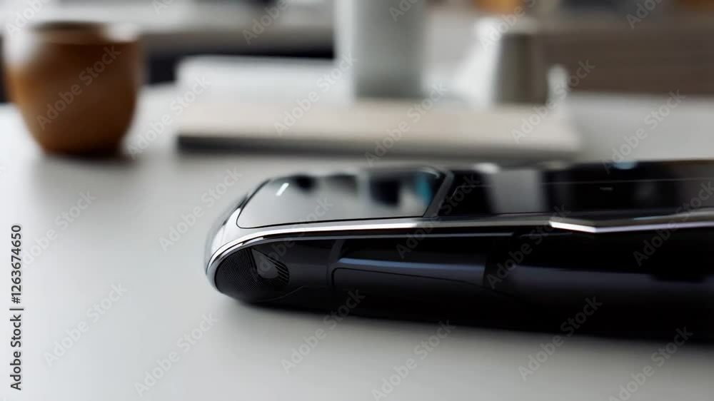 A close-up of an advanced gadget on a designer desk; the camera glides over the device, focusing on the fine textures and sleek interface, highlighting its minimalist design. A close-up of an advanced gadget on a designer desk; the camera glides over the device, focusing on the fine textures and sleek interface, highlighting its minimalist design.