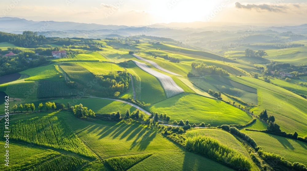 Fototapeta premium Aerial View of Green Fields with Stunning Geometric Patterns