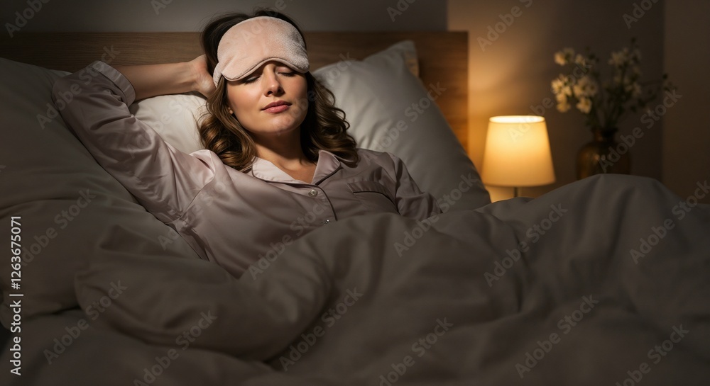 Obraz premium Woman relaxing in bed with a sleep mask and soft bedding in a cozy bedroom