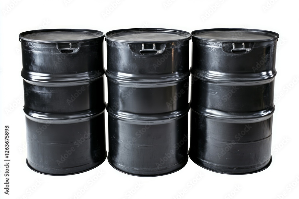 Three black metal barrels on white background. Neural network AI generated Three black metal barrels on white background. Neural network AI generated
