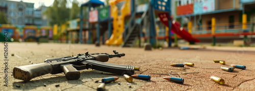 low angled shot of gun and ammo on the floor of a school playground, school shooting, active shooter concept