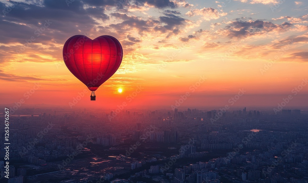 Obraz premium Heart-shaped balloon floating above a city at sunset