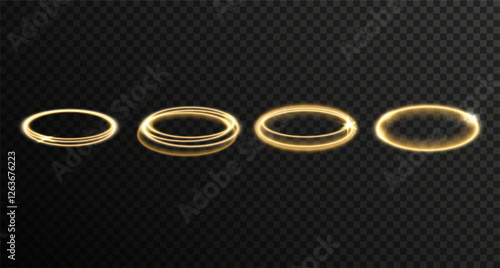 Set of vector glowing, golden halo effect. Light, shining solar rings isolated on transparent background