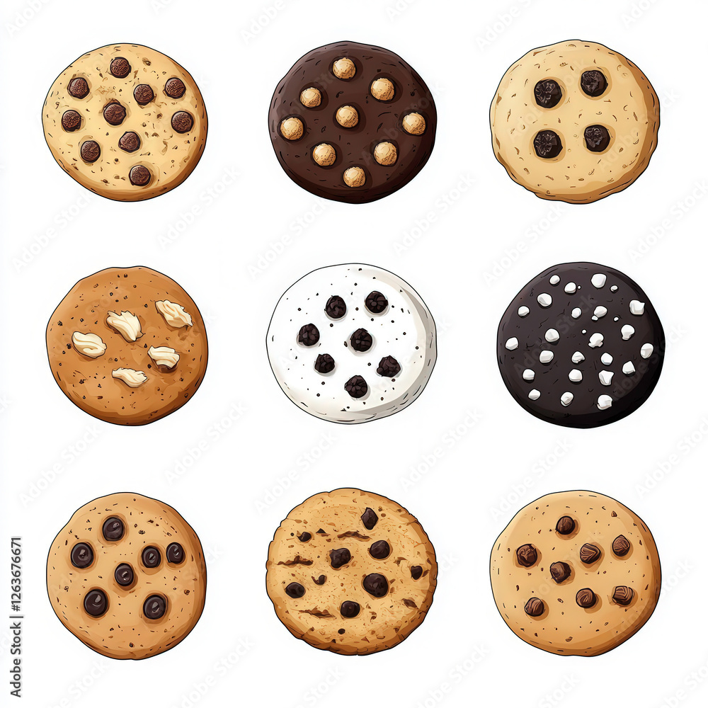 Fototapeta premium Colorful and Delicious Variety of Cookies Illustrated in a Grid Layout Perfect for Food Lovers and Baking Enthusiasts