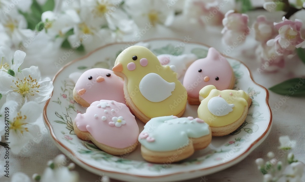 Soft pastel Easter cookies shaped like bunnies and chicks, placed on a ceramic plate with spring flowers. Soft pastel Easter cookies shaped like bunnies and chicks, placed on a ceramic plate with spring flowers.