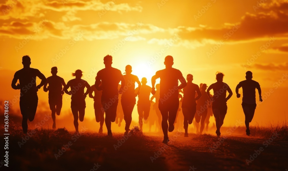 Fototapeta premium Dynamic group of runners silhouetted against a golden sunrise, their energy and determination radiating, symbolizing health and perseverance