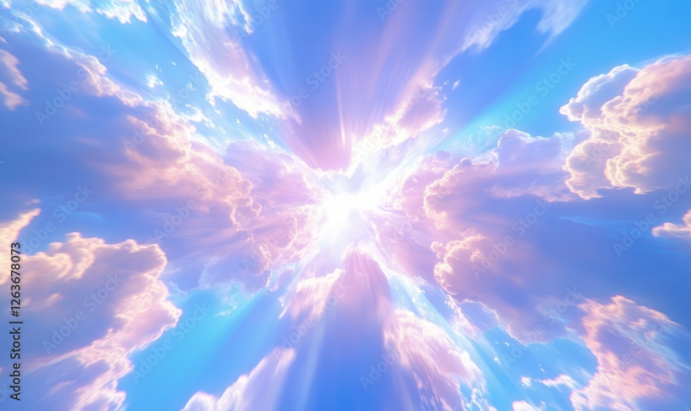 Fototapeta premium Dynamic cloudscape with rays of sunlight breaking through vibrant blue skies, capturing the beauty of nature in motion