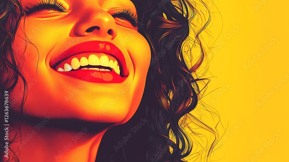 Close-up of a woman's joyful face, vibrant colors, and curly hair against a yellow background. Close-up of a woman's joyful face, vibrant colors, and curly hair against a yellow background.