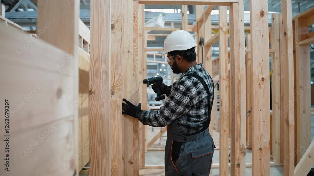 Carpenter assembling wooden frame at modular home factory Carpenter assembling wooden frame at modular home factory