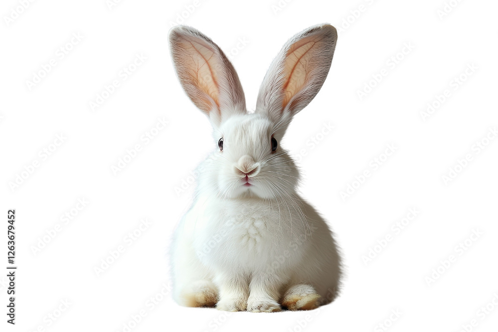 White rabbit sitting with large upright ears, soft fur, pink nose, curious expression, isolated on transparent background. White rabbit sitting with large upright ears, soft fur, pink nose, curious expression, isolated on transparent background.