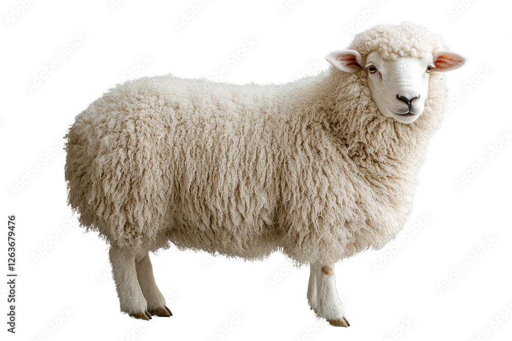 Full-body white sheep with thick wool, natural stance, farm animal, realistic texture, traditional livestock, isolated on transparent background. Full-body white sheep with thick wool, natural stance, farm animal, realistic texture, traditional livestock, isolated on transparent background.