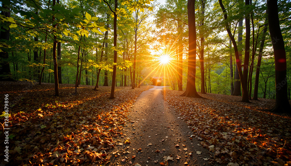Fototapeta premium Sunrise illuminating deserted forest path, tranquility in nature